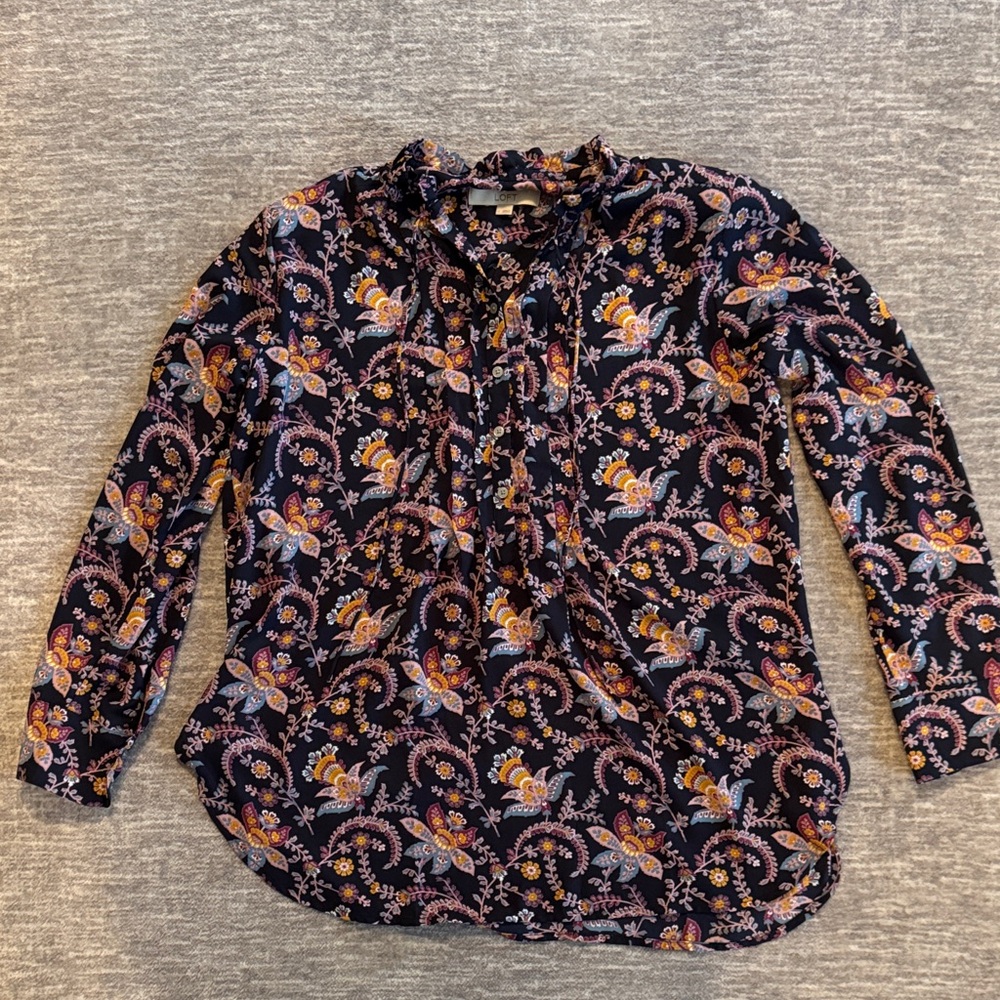 LOFT Navy and Orange Floral Blouse